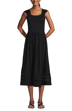 Lands End Slub Cap Sleeve Shirred Skirt Midi Dress in Black at Nordstrom, Size X-Small