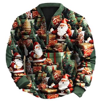 Generic Mens Christmas Jumpers UK, Fleece Lined Quarter Zip Jumper Men Funny Xmas Sweatshirt Jumpers Santa Claus Print Pullover Sweater Fleece Plush Tops Plus