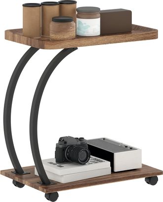 OEM Mesa Auxiliar En Forma De C Con Ruedas Bandeja Superior Y Estante Inferior Para Sof&aacute; O Cama 52x34x60 Cm Marr&oacute;n Y Negro
