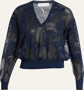 Dries Van Noten Torion Floral Lace Knit V-Neck Sweater