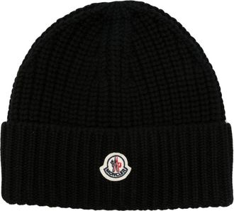 Moncler Black Logo-Patch Wool Beanie - Womens - Virgin Wool