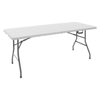 ML Design Mesa De Camping Plegable De Pl&aacute;stico Y Patas De Acero 180x74 Cm Blanca Mesita Buffet De Eventos Interior Exterior Para 6 Personas Tablero Con Asa De T