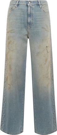 Golden Goose Jeans, Dames, Blauw, W28, Wijde Pijp Lichtblauwe Jeans met Strass Decoratie