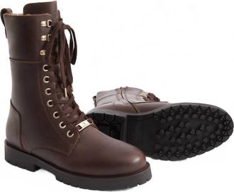 FAIRFAX & FAVOR Womens Anglesey Shearling Combat Boot In Mahogany Leather