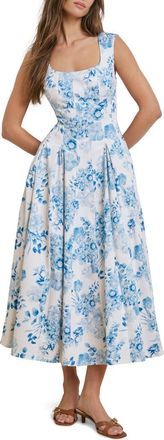 Favorite Daughter The Muse Floral Stretch Cotton Midi Dress in Blue/White Floral at Nordstrom, Size 10