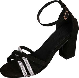 Generic Black Womens Chunky Heel Sandals with Letter Strap Detail, Perfect for Summer Vacation and Resort Wear