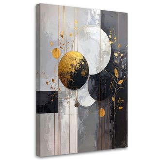 Feeby Cuadro En Lienzo, Formas Abstractas De C&iacute;rculos Y Hojas En Beige Y Dorado, 80x120
