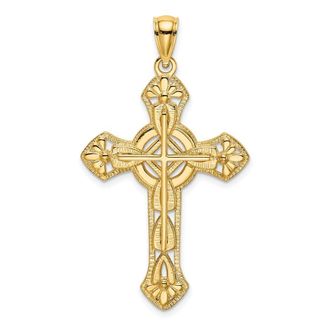 Diamond2Deal 14k Yellow Gold Cut-Out Floral Cross Pendant