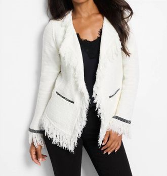 Nic+Zoe Sonia Statement Fringe Mix Knit Jacket In Classic Cream