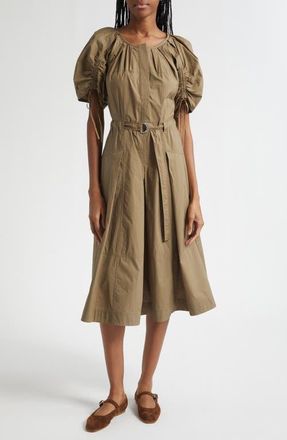 3.1 Phillip Lim Puff Drawstring Sleeve Cotton Midi Dress in Caper at Nordstrom, Size 10