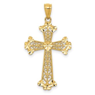 Diamond2Deal 14k Yellow Gold Diamond-cut Polished Filigree Hearts Cross Pendant