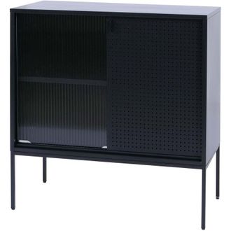 Hhg [NON UTILIZZATO] Com&ograve; HHG-455, armadietto credenza highboard, vetrinetta ante scorrevoli in metallo 85x80x45cm, nero