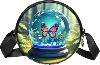 Generic Circle Crossbody Bag for Women, Butterfly Crystal Ball Small Sling Bag Daypack with Zipper Adjustable Shoulder Straps Casual Ladies Girls Round Purse