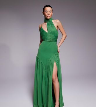 Asos Petite ASOS DESIGN - Vestito lungo allacciato al collo verde raccolto con gonna a ruota