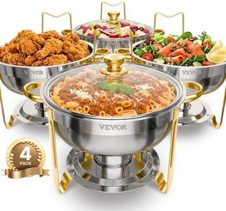 OEM Calentador De Alimentos Para Buf&eacute; Con 4 Recipientes De Tama&ntilde;o Completo(4,7 L), Redondo, Para Catering Con Tapa De Cristal, Bandeja De Agua Y Soporte P