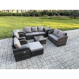 Fimous 8 Seater Garden Furniture Set Rattan Outdoor Lounge Sofa Chair With Tempered Glass Table 2 Side Tables Big Footstool Dark Grey Mixed - Fimous