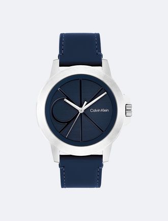 Calvin Klein Mens Emblem Dial Leather Strap Watch - Blue - OS