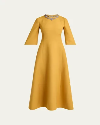 Valentino Garavani Crystal Embroidered Silk-Wool 3/4-Sleeve Midi Dress