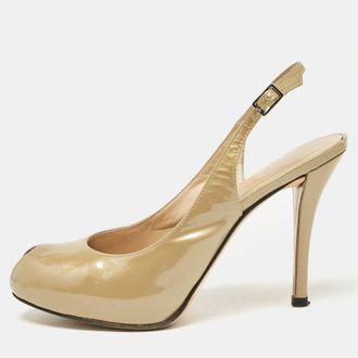 Stuart Weitzman Beige Patent Peep Toe Slingback Pumps