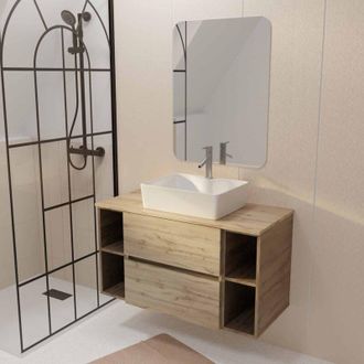 Aurlane Aurlane - Mueble De Ba&ntilde;o 100 Efecto Roble 2 Cajones Lavabo Blanco Rectangular Espejo