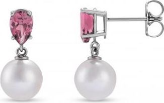 Allurez Natural Pink Tourmaline & White Akoya Pearl Drop Earrings 14K White Gold (0.41ct)