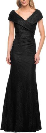 La Femme Lace Off The Shoulder Cap Sleeve Evening Dress in Black at Nordstrom, Size 18