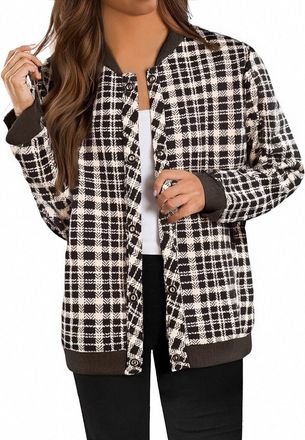 Generic Jackets for Women Checked Crew Neck Button Down Long Sleeve Outerwear Ladies Autumn Winter Plaid Coats(03, XXXL)
