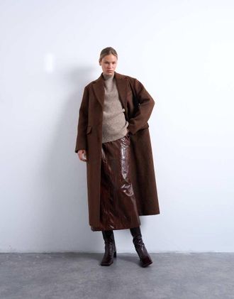 Topshop Cappotto stile blazer taglio lungo color cioccolato spazzolato con tre bottoni-Marrone