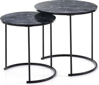 Oresteluchetta Juego De 2 Mesas De Sal&oacute;n Redondas Efecto M&aacute;rmol Y Acero Omaha - Negro