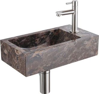 Saniclass Fuente Fonteinset - 40x22x10cm - kraangat rechts - fonteinkraan geborsteld RVS PVD - afvoerplug - verlaagd sifon - Dark Emporador