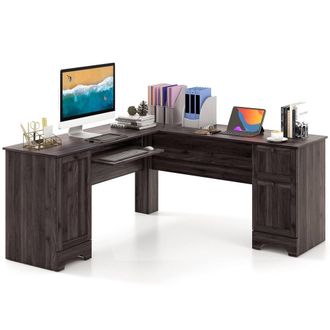 Costway Costway L-Shaped Corner Computer Desk Study Workstation w/ Cabinet & Drawers in Dark Brown