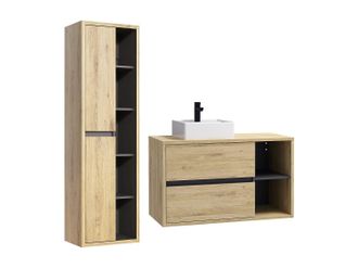 Vente-Unique Mueble de ba&ntilde;o suspendido con lavabo cuadrado y columna - 100 cm - Color natural - PURNAL