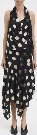 Junya Watanabe Abito midi asimmetrico in cr&ecirc;pe a pois con inserti in pizzo
