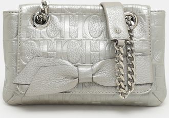 Carolina Herrera Silver Monogram Embossed Leather Audrey Shoulder Bag