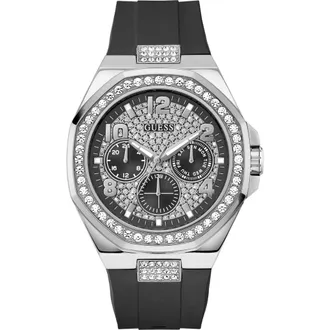 Guess Crystal Detail Multifunction Silicone Strap Watch, 46mm in Black/silver at Nordstrom