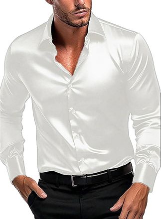 Generic Mens Luxury Dress Shirts Long Sleeve Silk Shirt Like Satin Non Iron Shirts Casual Business Shirts Prom Performing Shirts Formal Shirts Button Down Top