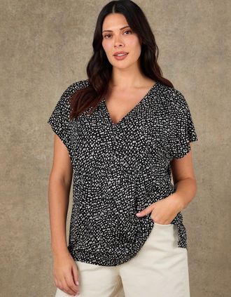 Live Unlimited London Womens Black Ditsy Print V Neck Top - Size: 12