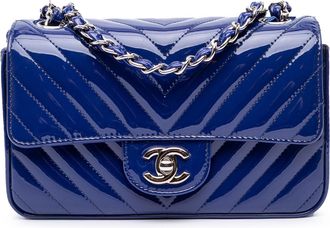 Chanel Pre-owned Womens Mini Chevron Flap Patent Leather Bag - Dark Blue - One Size