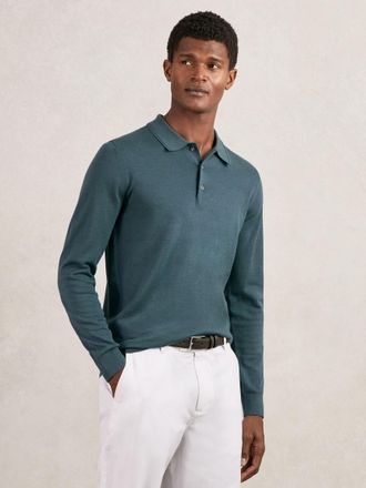 Reiss Orion Blue Merino Wool Long-sleeve Polo Shirt, XL