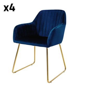 ML Design 4x Sillas de comedor en tapizado color azul con patas de metal doradas