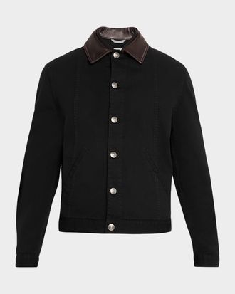 Brunello Cucinelli Mens Garment-Dyed Denim Leather-Collar Shirt Jacket