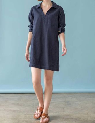 Lilla P Split Neck Collared Dress In Navy