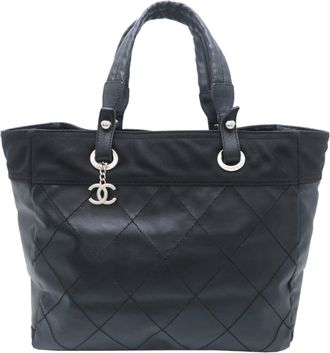 Chanel Paris Biarritz Black Coated Canvas Leather Tote Bag (Pre-Owned)