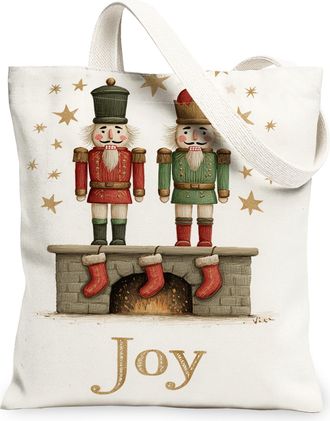 Generic Christmas Nutcracker Canvas Tote Bags, Happy Holiday Pattern Reusable Grocery Bags, Winter Vintage Lightweight Washable Can, White, 13x15 Inch
