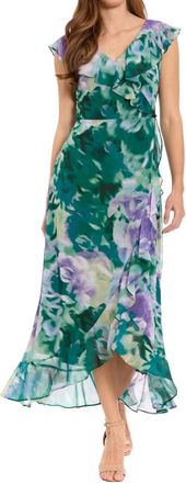 Maggy London Floral Ruffle Chiffon Midi Dress In Orchid Teal