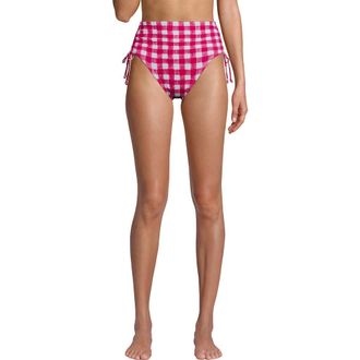 Lands End Chlorine Resistant Adjustable High Waisted Bikini Swim Bottoms in Azalea Pink Gingham Pique at Nordstrom, Size 26W