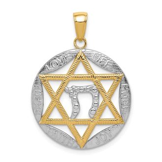 Diamond2Deal 14k Yellow Gold Rhodium Polished Star of David Chai Round Pendant