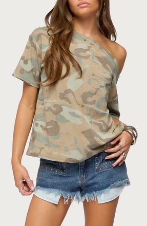 Edikted Miltah Camo Off-the-Shoulder Top in Sage at Nordstrom, Size X-Small