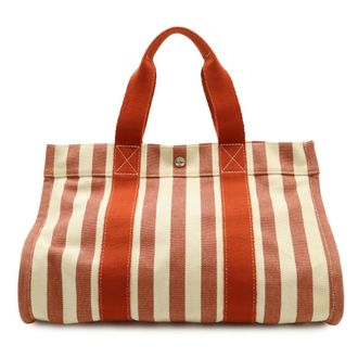 Herm&egrave;s Ivory Red Color Canvas Handbag Tote Bag (Pre-Owned)