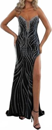 Rachel Allan Beaded Strapless Slit Gown In Black